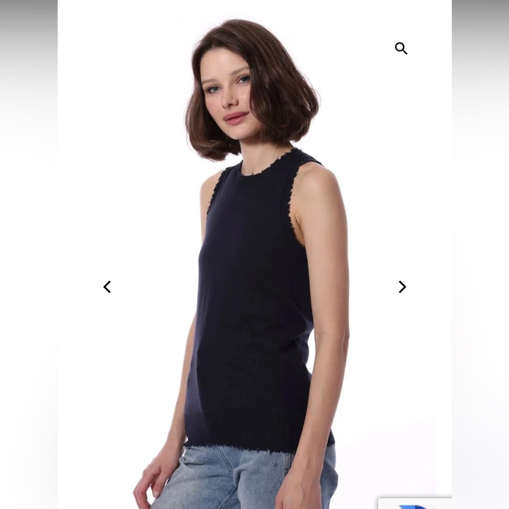 NWT MINNIE ROSE cotton cashmere frayed tank in navy size S Small NWT